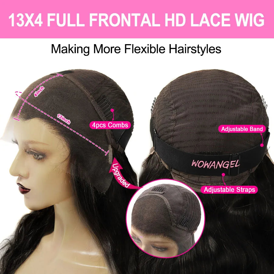 Wowangel 13x6 Full Lace Frontal Wig HD Lace Frontal Wigs Body Wave Human Hair Wigs 250% HD Lace Closure Wigs Melt Skins Glueless