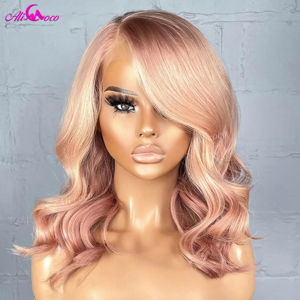 Golden Pink Colored 180 Density Human Hair Wigs Short Bob Body Wave Rose Pink 13x4 Full Frontal Human Hair Lace Front Wigs