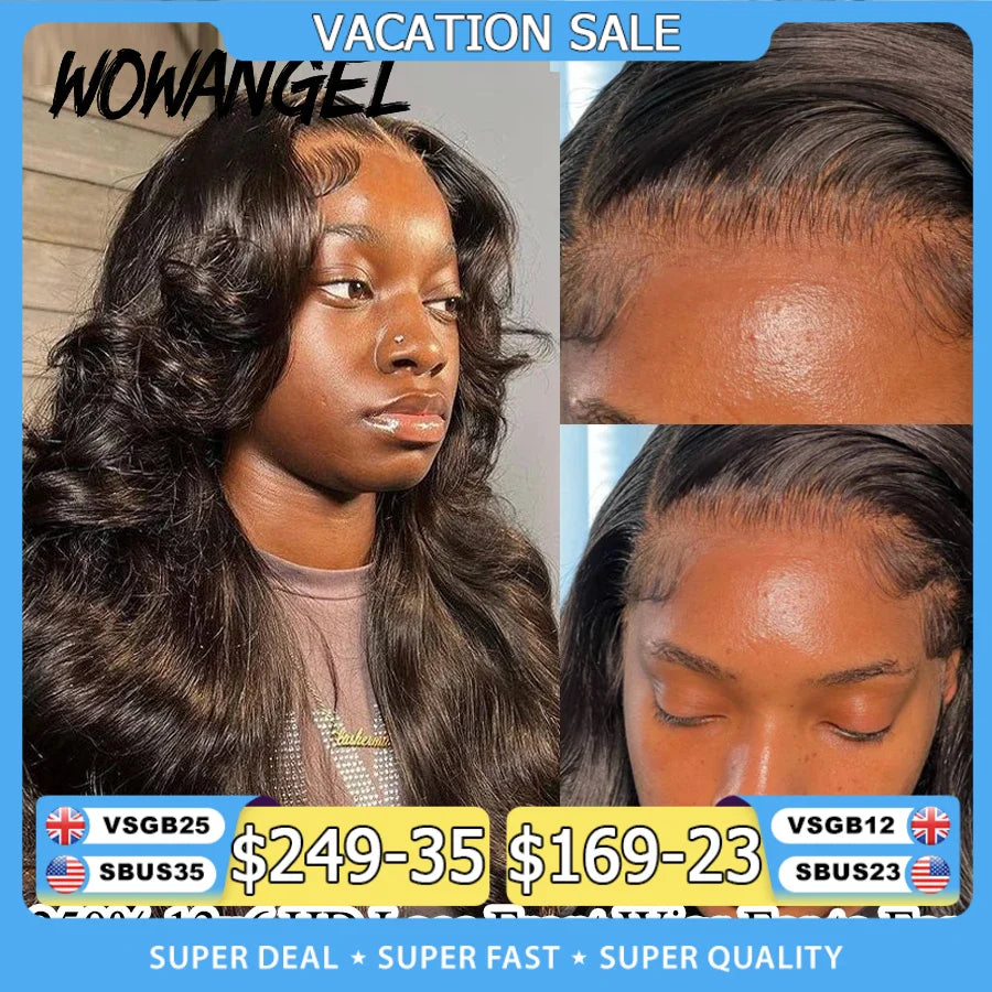 Wow Angel 250% 13x6 HD Lace Front Wig Swiss Lace Melt Skin Pre Plucked Natural Scalp Body Wave Human Hair Wig For Woman Glueless