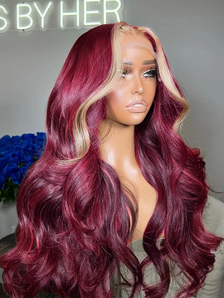 99J/613 Balayage Highlight Body Wave 13x4 Lace Front Brazilian Human Hair Wigs 30 Inch Ombre Burgundy Blonde Red Colored Wigs