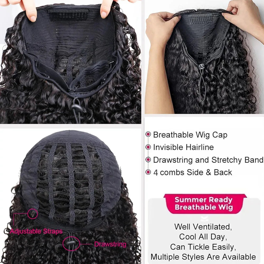 3 IN 1 Half Wig Human Hair 250 Density Deep Wave Glueless Wig Human Hair Ready to Wear 3 IN 1 Half Wig With Drawstring Half Wig