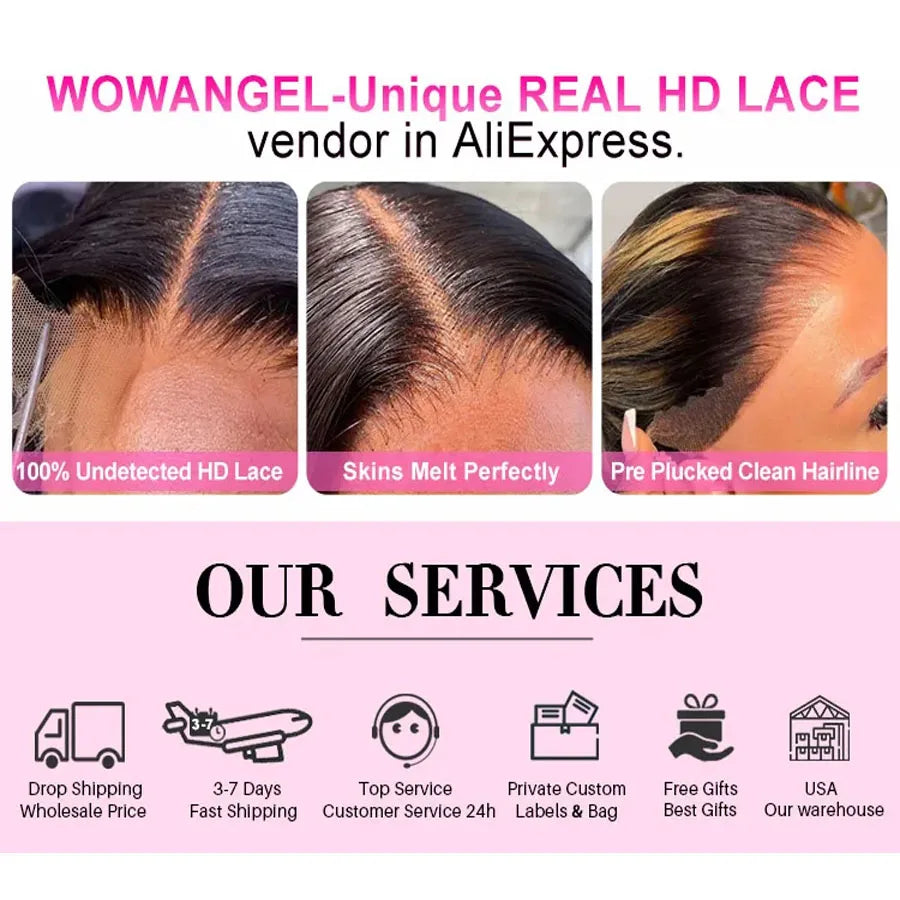 Wow Angel Jet Black 13x6/13x4 HD Lace Front Wigs Yaki Straight Human Hair 5x5 HD Lace Closure Wig Pre Plucked Kinky for Woman
