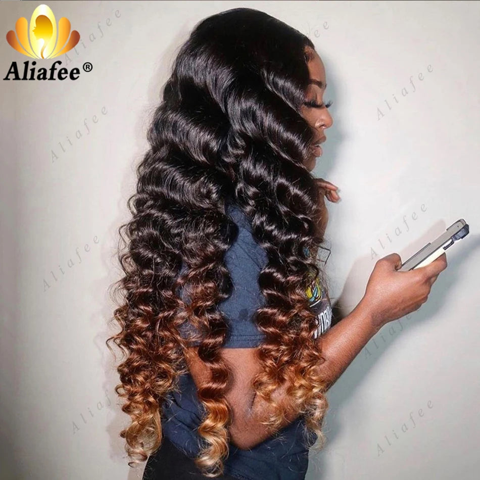 HD 13x6 Loose Deep Wave Wigs Curly Lace Frontal Human Hair Wigs Honey Blonde Ombre Colored Lace Front Wig PrePlucked For Women