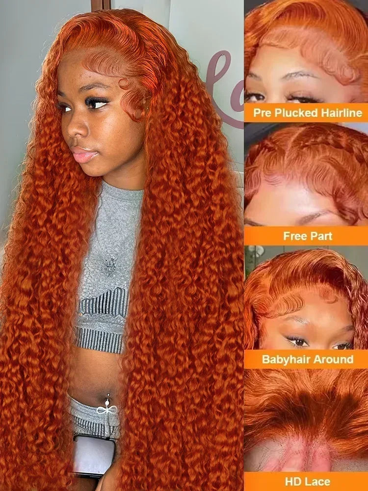 200 Density Ginger Human Hai Brazilian Deep Wave 30 40 Inch 13x4 Lace Front Wigs #350 Orange Curly 13x6 Lace Frontal Wig Water
