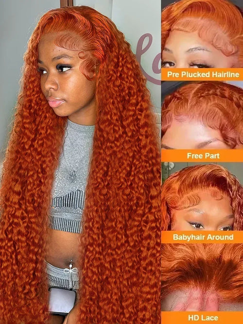 200 Density Ginger Human Hai Brazilian Deep Wave 30 40 Inch 13x4 Lace Front Wigs #350 Orange Curly 13x6 Lace Frontal Wig Water
