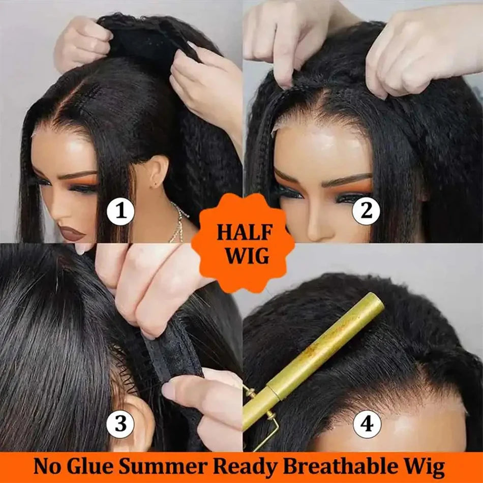 Kinky Straight Half Wig Human Hair 3 In 1 Seamless Flip Over Half Wigs Human Hair Wear Go Glueless Drawstring Headband Wig 200%