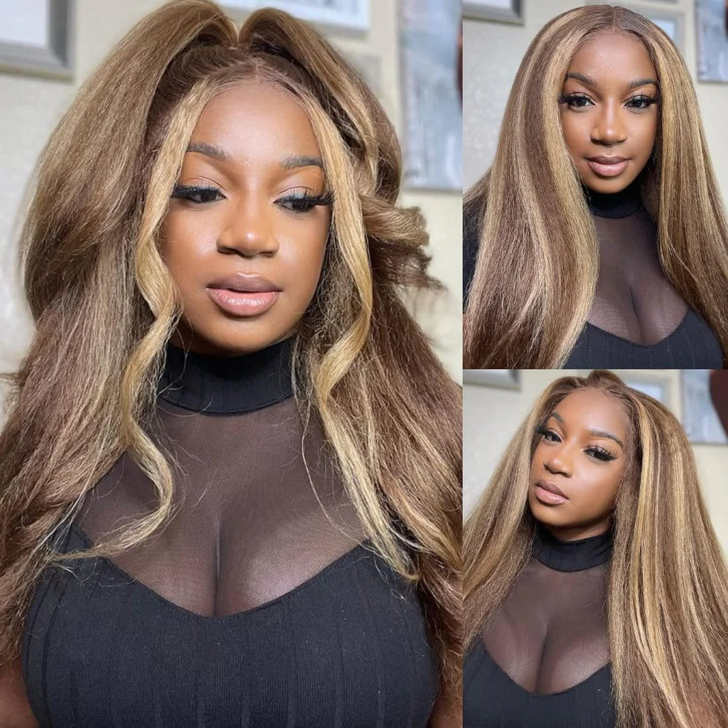 200% Highlight 4/27 Kinky Straight 13x6 HD Lace Frontal Human Hair Wig Indian Yaki Straight Brown Blonde Piano Colored Remy Wigs
