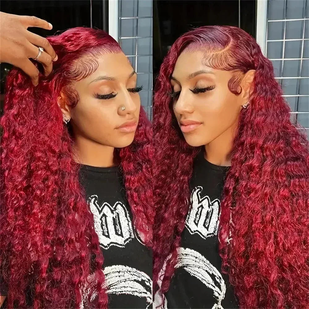 100% Human Hair Deep Wave 99J Burgundy Lace Frontal Wig 13x6 Curly 30 36 Inch HD Lace Front Wigs Red Water Kinky Brazilian
