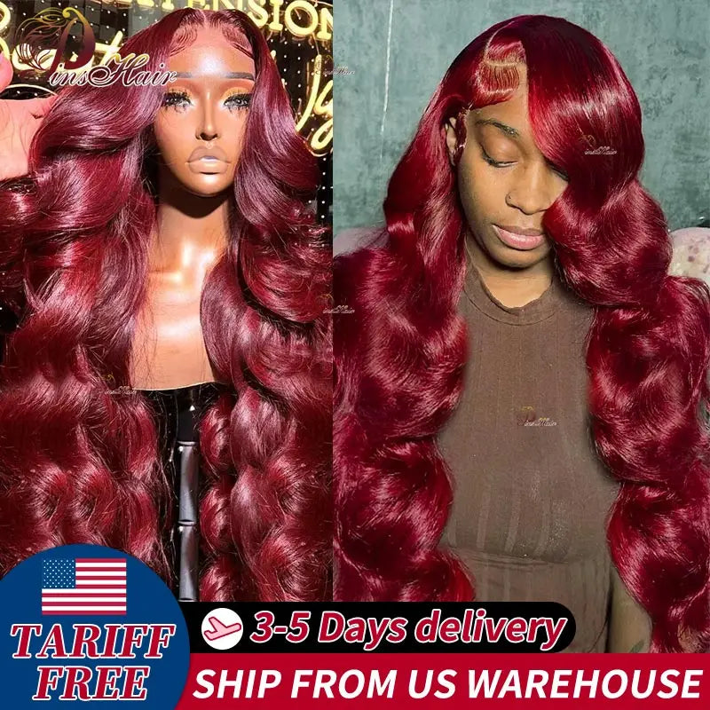 99J Colored 13X6 Transparent Lace Front Human Hair Wigs Pre Plucked Body Wave Lace Front Wig Red Burgundy HD Lace Frontal Wig