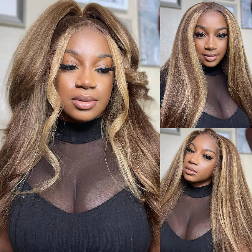 200% Highlight 4/27 Kinky Straight 13x6 HD Lace Frontal Human Hair Wig Indian Yaki Straight Brown Blonde Piano Colored Remy Wigs