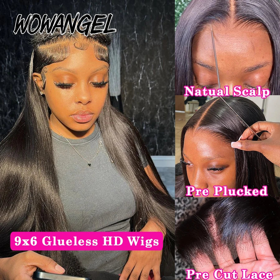 WowAngel Pre Cut Ultra Fitted 9x6 HD Lace Closure Glueless Wigs Ready To Wear Human Hair Wigs Straight Melt Skins For Women Wigs