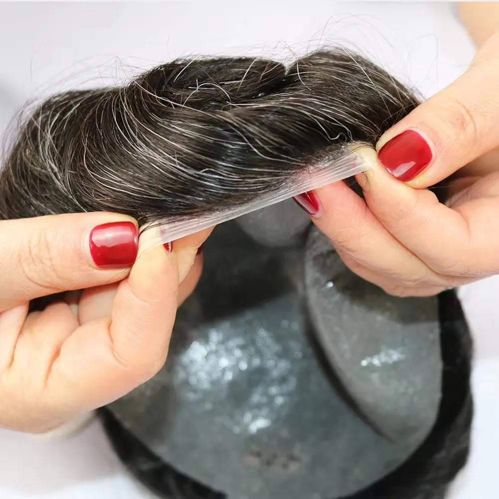 Natural Hairline 0.02mm Super Thin Skin 80-90%Density Invisible Men Toupee Light Brown Grey 1B80 Human Hair Capillary Prosthesis