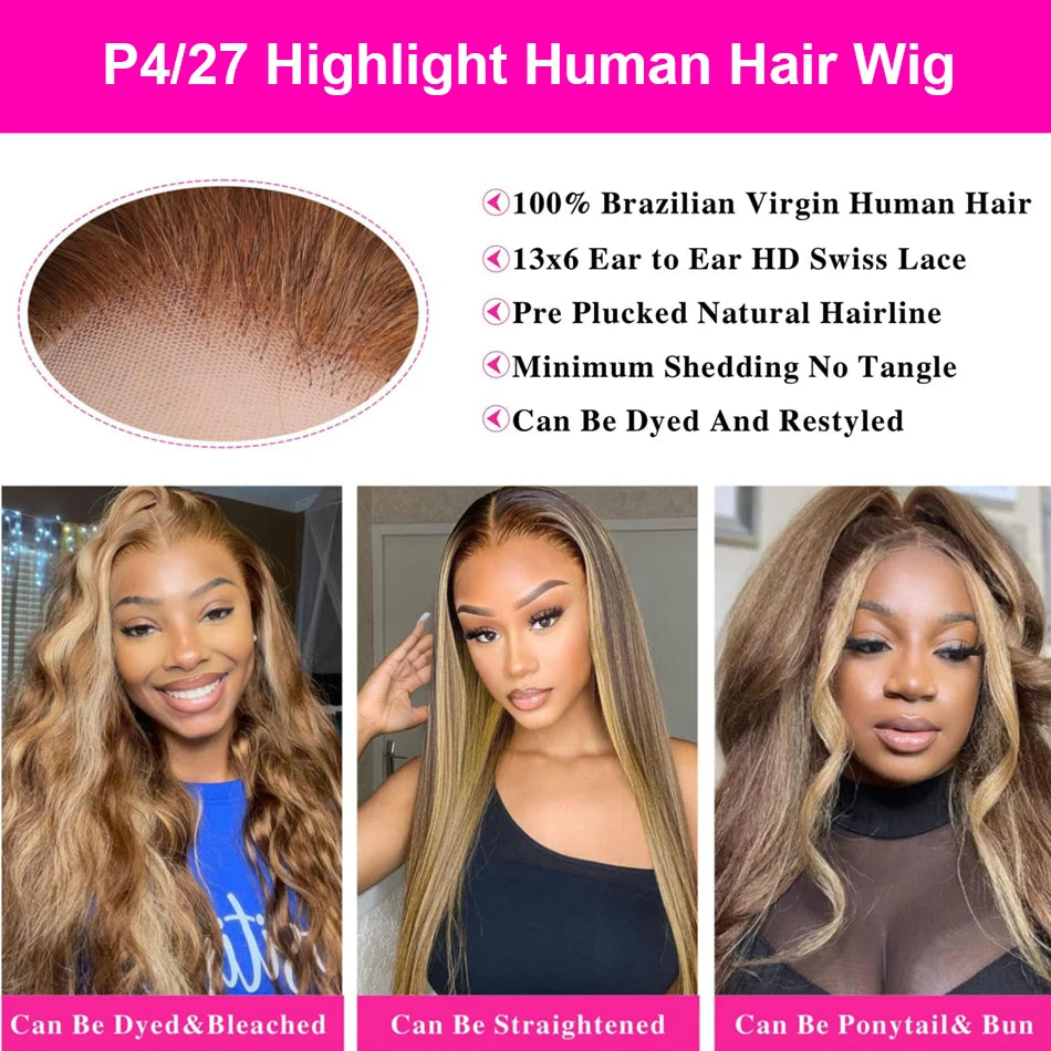 200% Highlight 4/27 Kinky Straight 13x6 HD Lace Frontal Human Hair Wig Indian Yaki Straight Brown Blonde Piano Colored Remy Wigs
