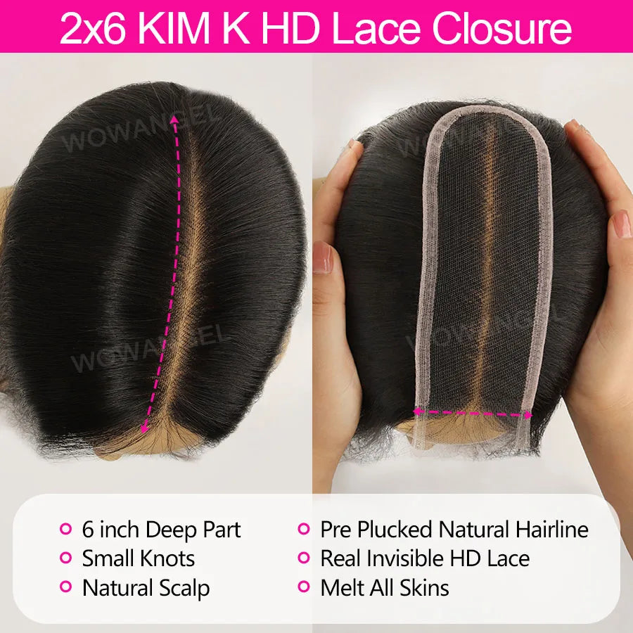 Wow Angel 2x6 HD Lace Closure with Bundles Human Hair Deep Parting Melt Skins 30 32inch Brazilian Straight Hair Extensions