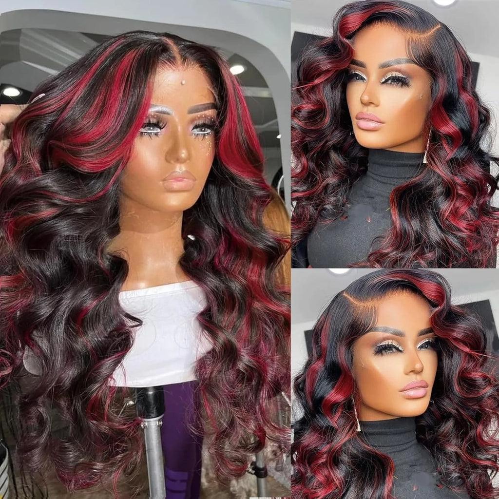 Red Blonde Highlights Body Wave 5x5 Glueless Wigs 30 Inch Human Hair Ombre Burgundy for Women Pre Plucked with Baby Hair 180%