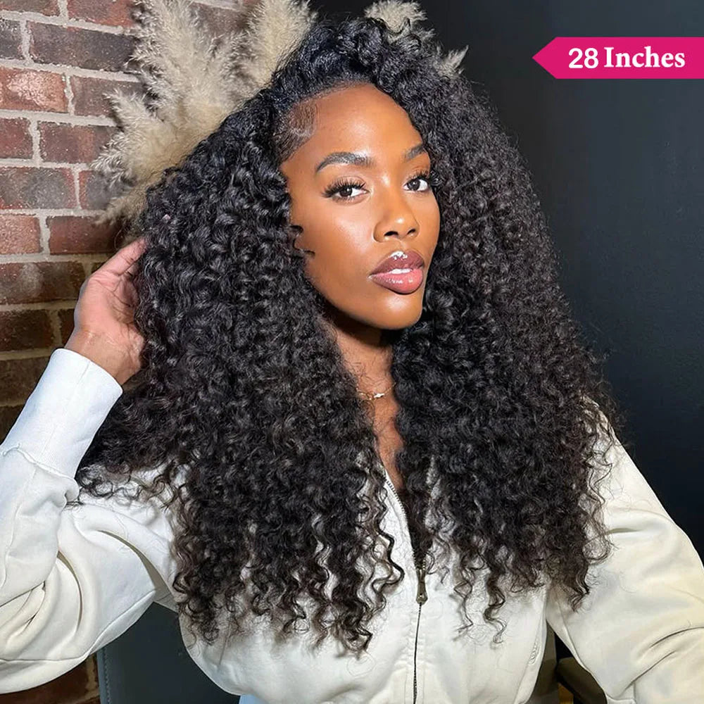 Kinky Curly Half Wig Human Hair Glueless Wig 3 IN 1 Half Wigs With Drawstring Seamless Clip Ins Flip Over Deep Curly Half Wigs