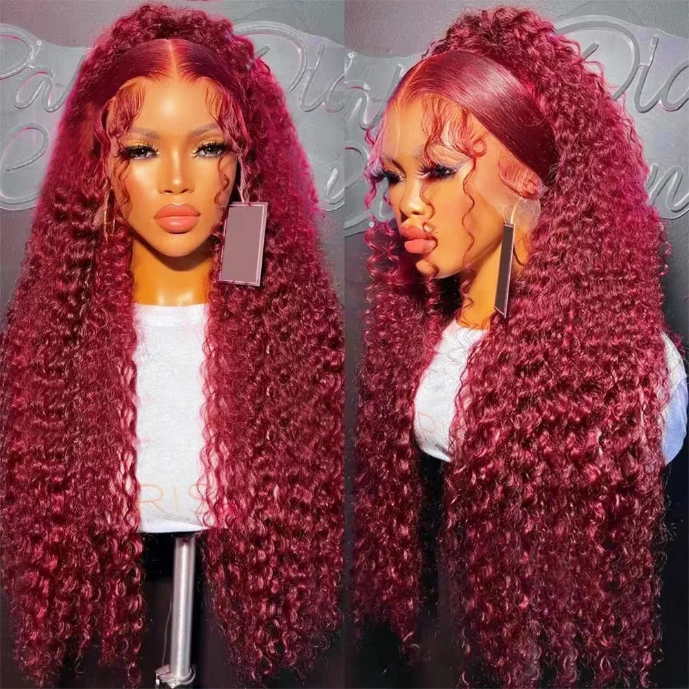 100% Human Hair Deep Wave 99J Burgundy Lace Frontal Wig 13x6 Curly 30 36 Inch HD Lace Front Wigs Red Water Kinky Brazilian