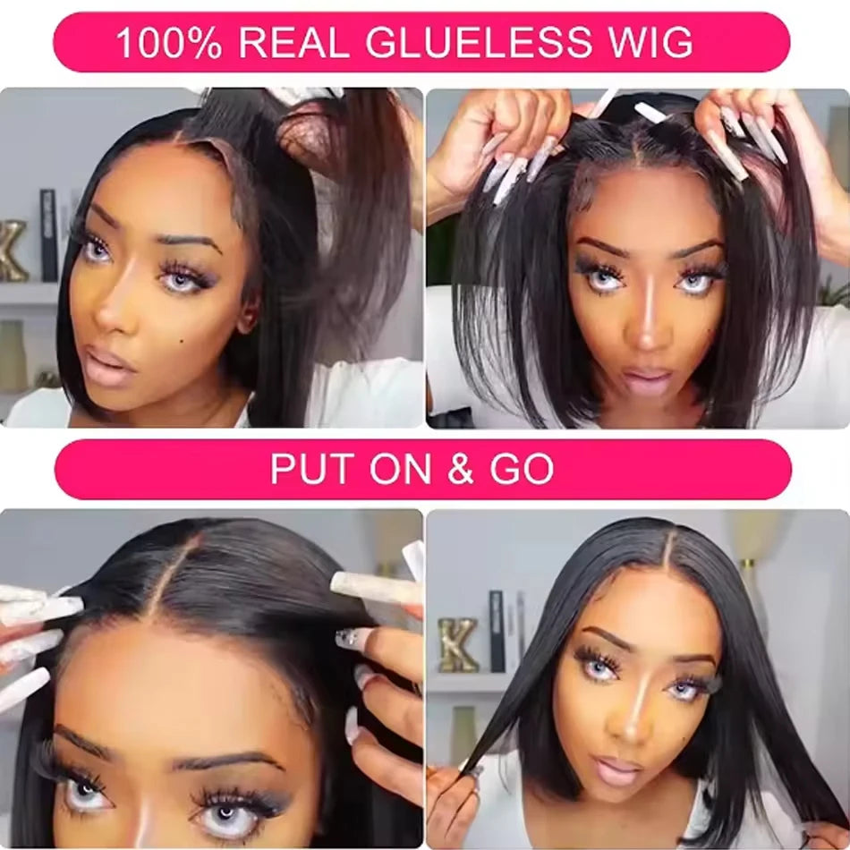Ready To Wear Glueless Wigs Brazilian Bone Straight Short Bob Human Hair Wigs Pre Plucked 13x4 HD Transparent Lace Frontal Wig