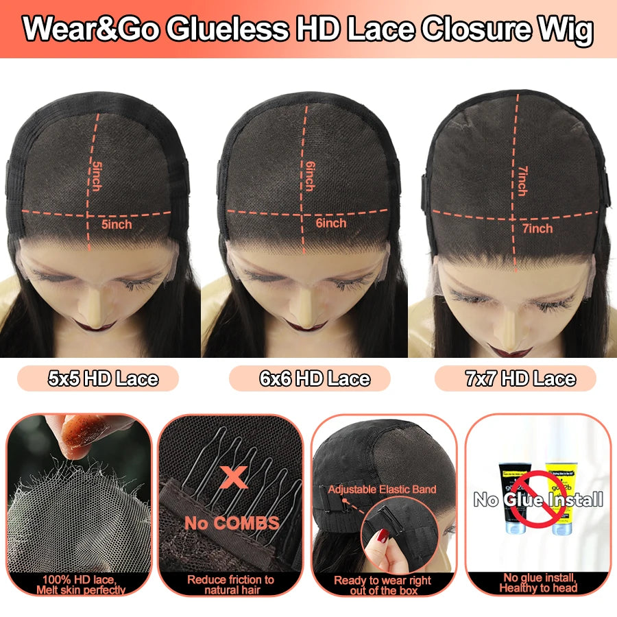 250% Glueless Jet Black Silk Straight 7x7/6x6/5x5 Real HD Lace Closure Wigs Deep Part Wear & Go Human Hair Wigs Bleached Knots