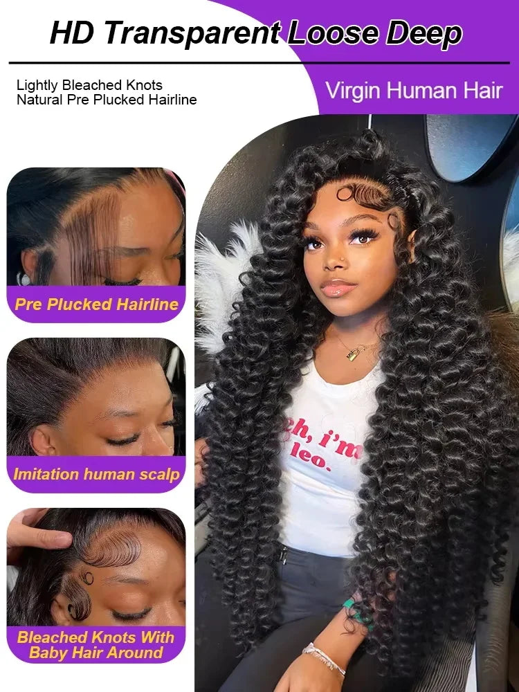 100% Human Hair Brazilian Deep Wave 300% Density 40 Inch Wigs Loose Water Wave Lace Front Wig 4x4 13x6 HD Lace Human Hair Wig