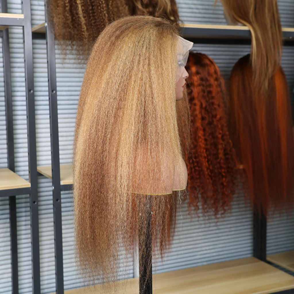 200% Highlight 4/27 Kinky Straight 13x6 HD Lace Frontal Human Hair Wig Indian Yaki Straight Brown Blonde Piano Colored Remy Wigs