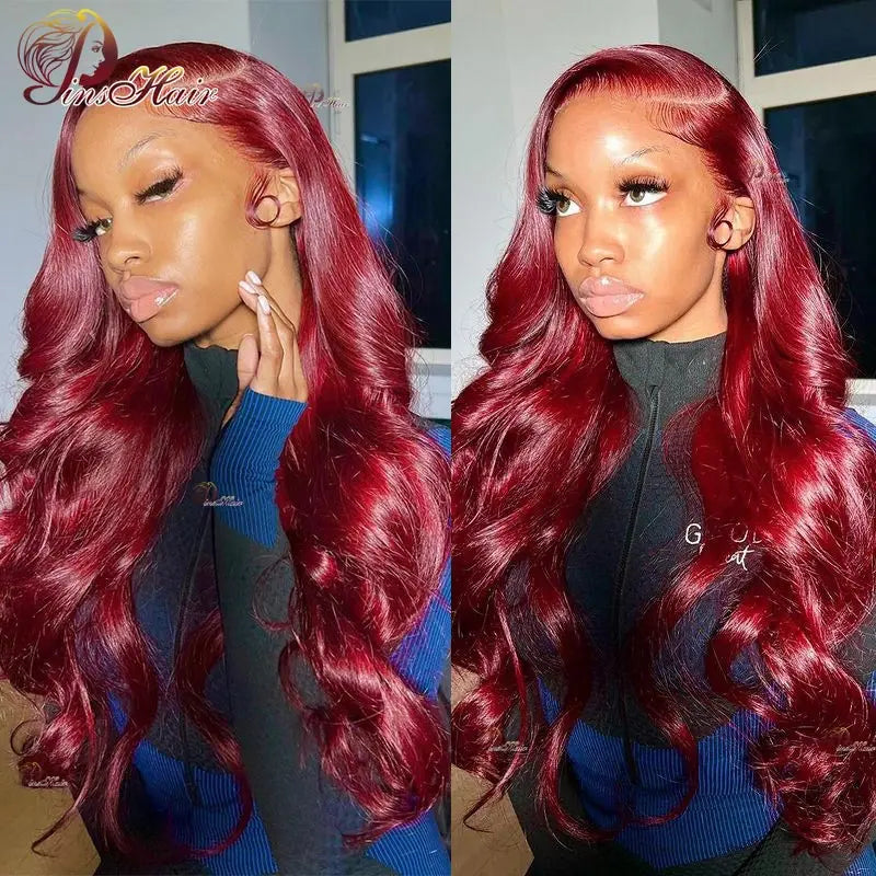 99J Colored 13X6 Transparent Lace Front Human Hair Wigs Pre Plucked Body Wave Lace Front Wig Red Burgundy HD Lace Frontal Wig