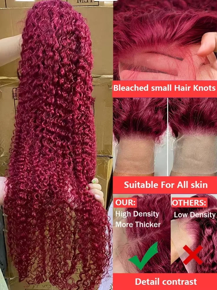 100% Human Hair Deep Wave 99J Burgundy Lace Frontal Wig 13x6 Curly 30 36 Inch HD Lace Front Wigs Red Water Kinky Brazilian