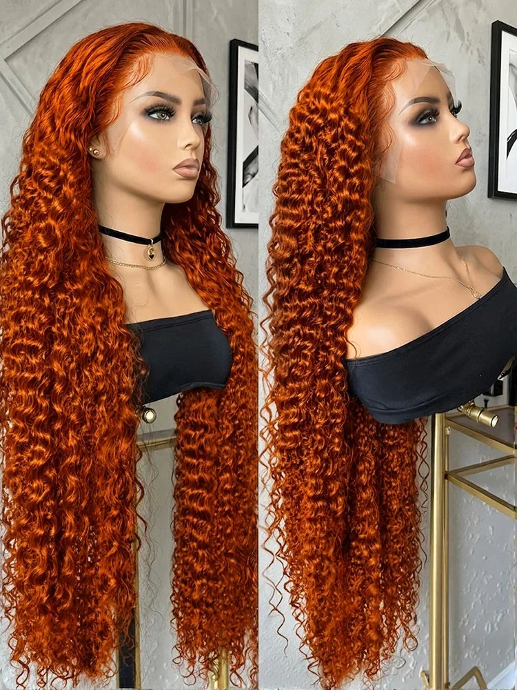 200 Density Ginger Human Hai Brazilian Deep Wave 30 40 Inch 13x4 Lace Front Wigs #350 Orange Curly 13x6 Lace Frontal Wig Water