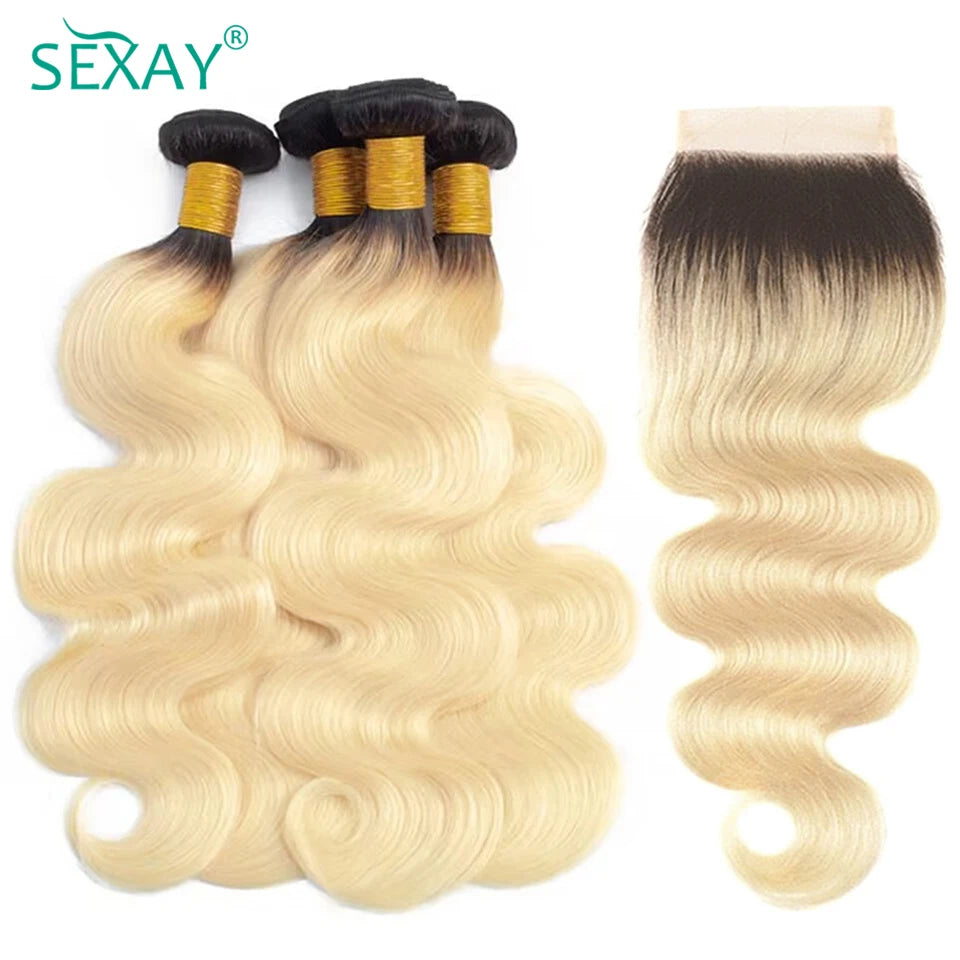 Sexay Ombre Blonde Human Hair Bundles With Closure Pre Plucked Brazilian Body Wave Hair Weave Bundles With Transparent Closures