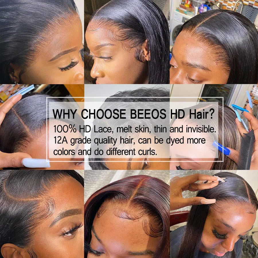 250% Glueless Jet Black Silk Straight 7x7/6x6/5x5 Real HD Lace Closure Wigs Deep Part Wear & Go Human Hair Wigs Bleached Knots
