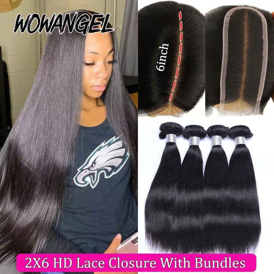 Wow Angel 2x6 HD Lace Closure with Bundles Human Hair Deep Parting Melt Skins 30 32inch Brazilian Straight Hair Extensions