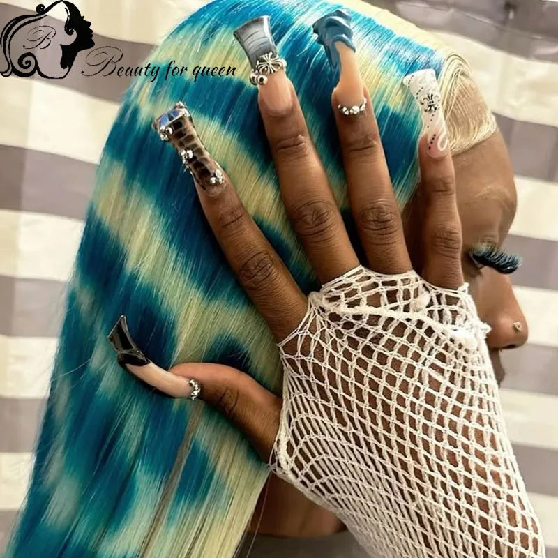 Colored Straight With Pattern High Quality Brazilian Human Hair Wig 13x4 HD Transparent Lace Frontal Wigs Pre Plucked Cosplay