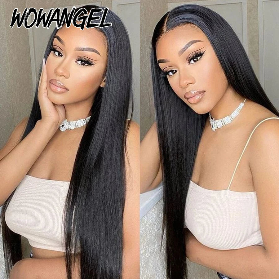 Wow Angel Jet Black 13x6/13x4 HD Lace Front Wigs Yaki Straight Human Hair 5x5 HD Lace Closure Wig Pre Plucked Kinky for Woman