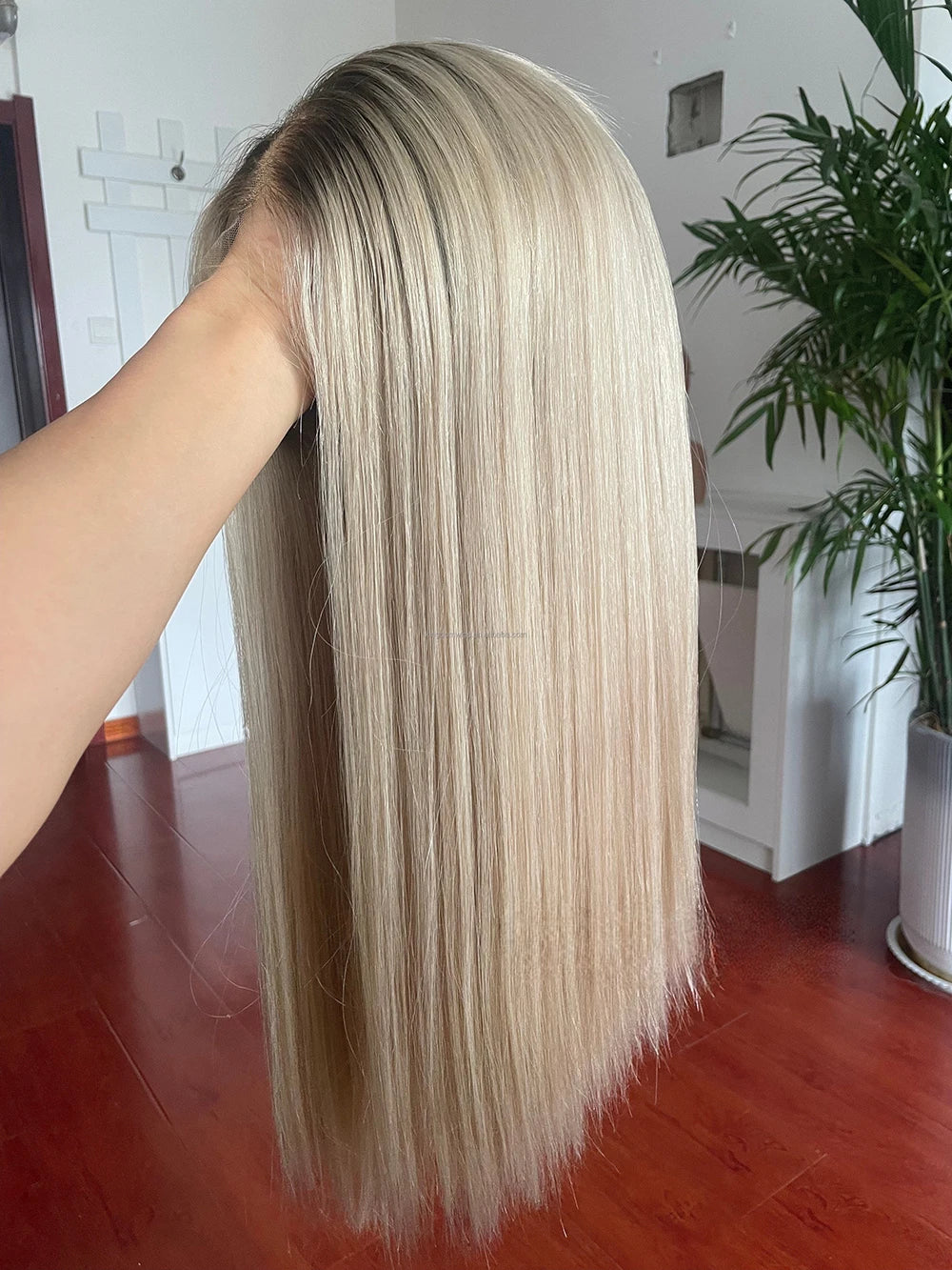 High Quality Human Hair Highlight Ash Blonde 13x6 Lace Frontal Transparent Lace Front Wigs Colored Straight Wigs for White Woman