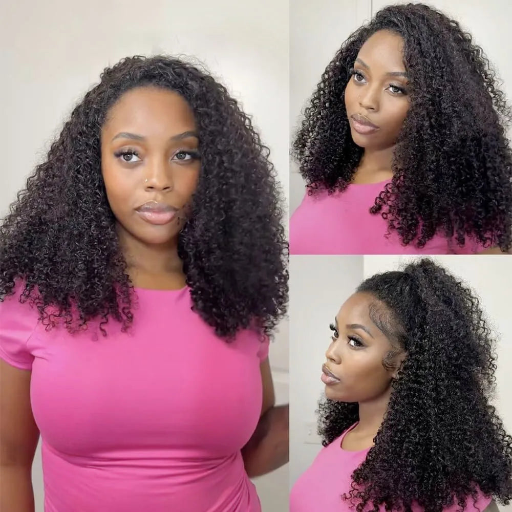 Kinky Curly Half Wig Human Hair Glueless Wig 3 IN 1 Half Wigs With Drawstring Seamless Clip Ins Flip Over Deep Curly Half Wigs