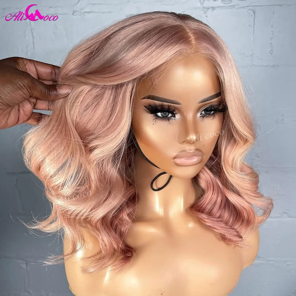 Golden Pink Colored 180 Density Human Hair Wigs Short Bob Body Wave Rose Pink 13x4 Full Frontal Human Hair Lace Front Wigs