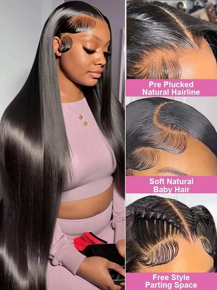 40 Inch Extra Long 250% Density Natural Black 13x6 HD Lace Frontal Bone Straight Silky Soft 13x4 Remy Human Hair Wigs Pre Plucked Hairline Bleached Knots Invisible Wear and Go 5x5 Glueless Closure Thick Full Ends
