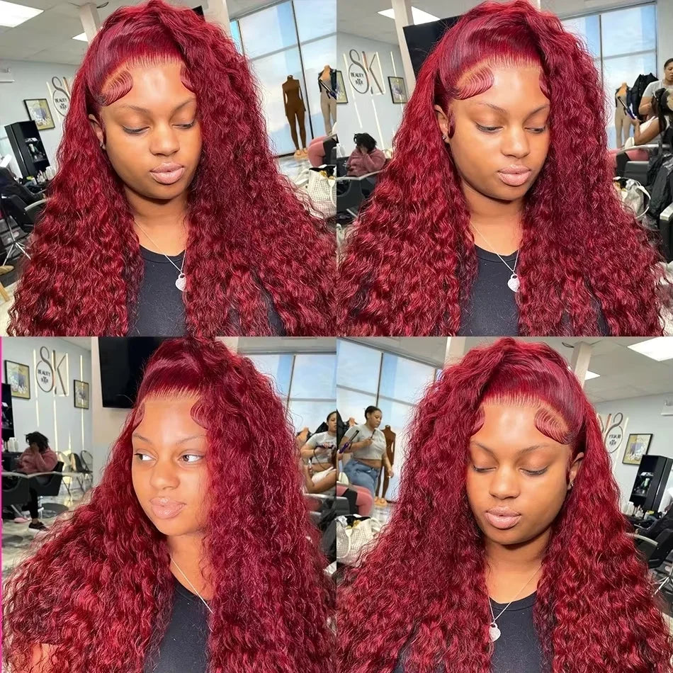 100% Human Hair Deep Wave 99J Burgundy Lace Frontal Wig 13x6 Curly 30 36 Inch HD Lace Front Wigs Red Water Kinky Brazilian