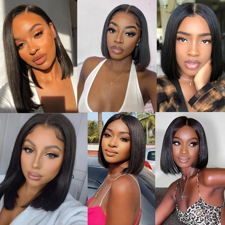 Ready To Wear Glueless Wigs Brazilian Bone Straight Short Bob Human Hair Wigs Pre Plucked 13x4 HD Transparent Lace Frontal Wig