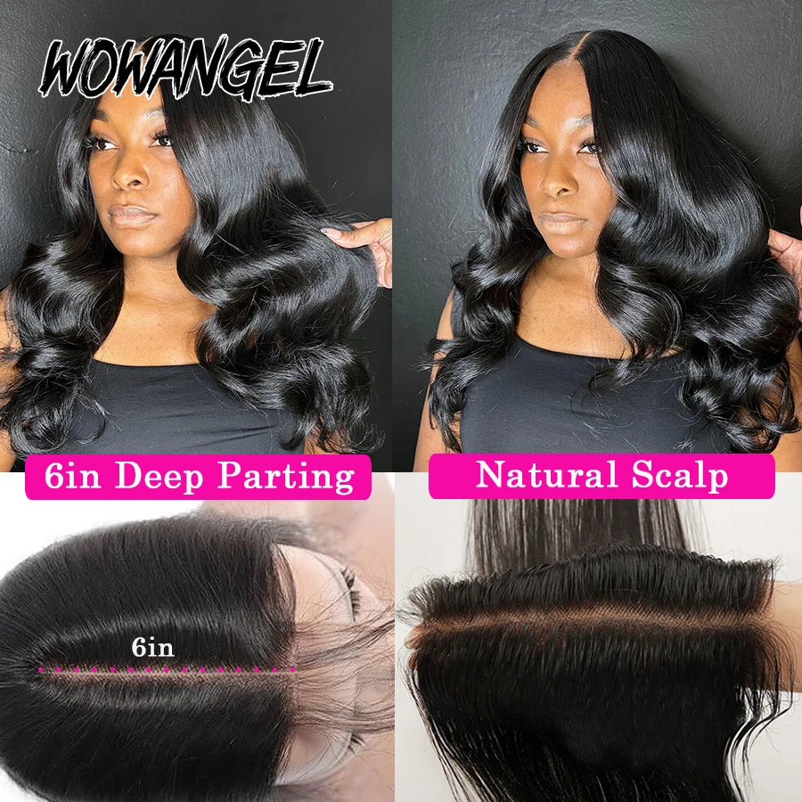 Wow Angel 2x6 HD lace Closure Wigs Body Wave Glueless Wig Human Hair Ready To Wear Deep Part HD Lace Closure Wigs For Woman