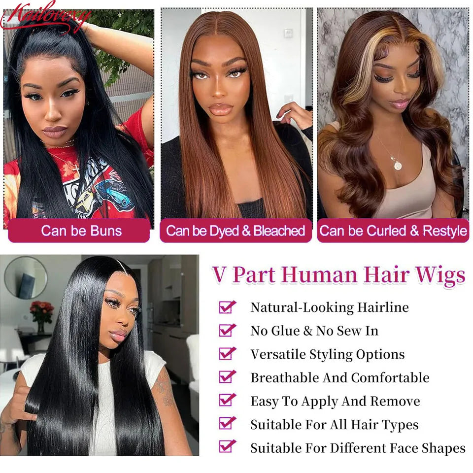 V Part Wig Human Hair Straight Upgrade U Part Wig for Women Clip in Half Wig Beginner Friendly No Lace No Glue No Sew in
