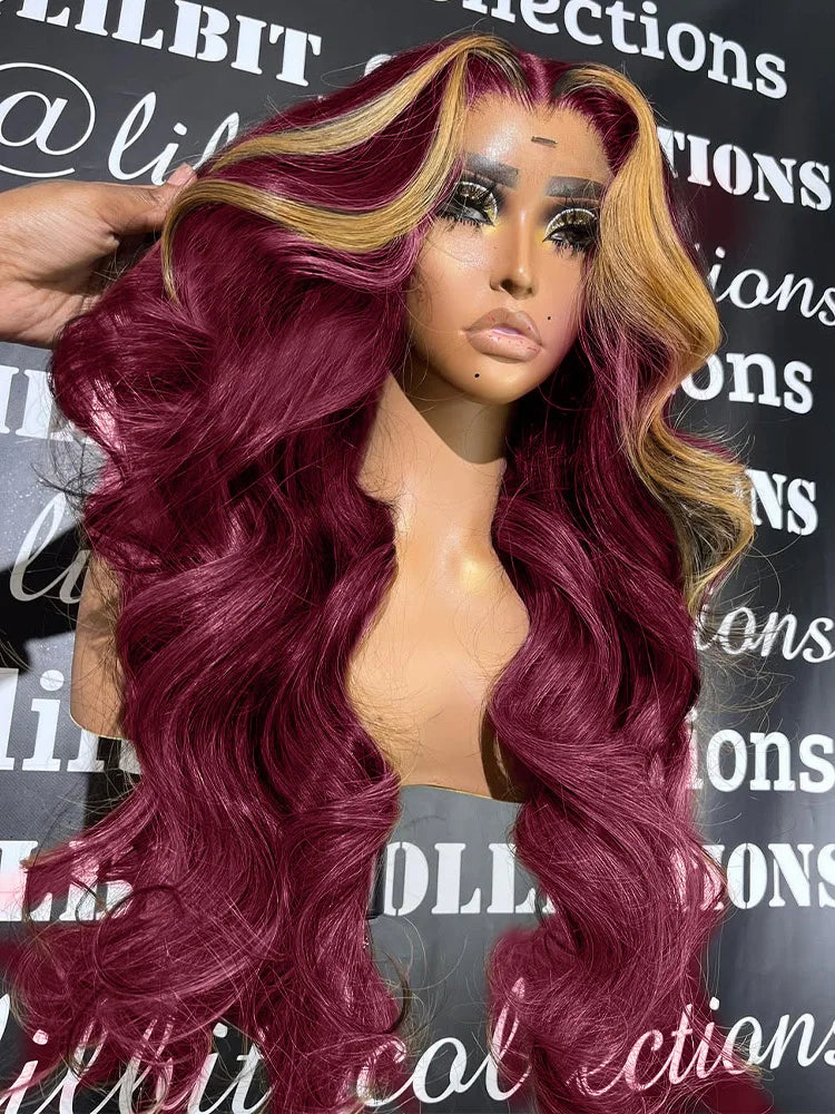 99J/613 Balayage Highlight Body Wave 13x4 Lace Front Brazilian Human Hair Wigs 30 Inch Ombre Burgundy Blonde Red Colored Wigs
