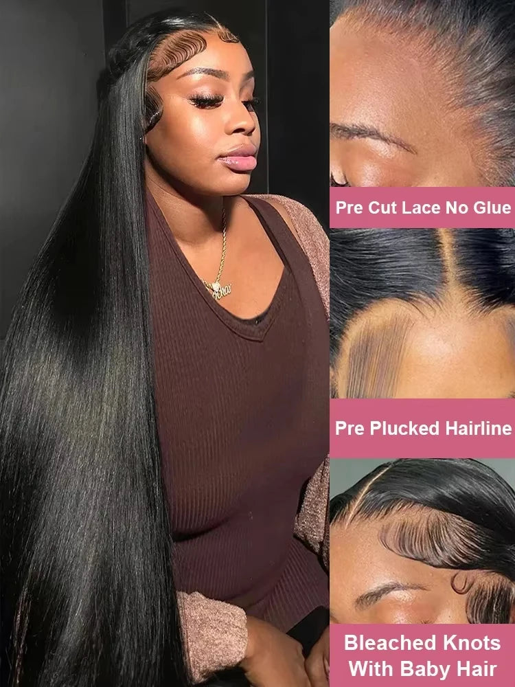 40 Inch Extra Long 250% Density Natural Black 13x6 HD Lace Frontal Bone Straight Silky Soft 13x4 Remy Human Hair Wigs Pre Plucked Hairline Bleached Knots Invisible Wear and Go 5x5 Glueless Closure Thick Full Ends