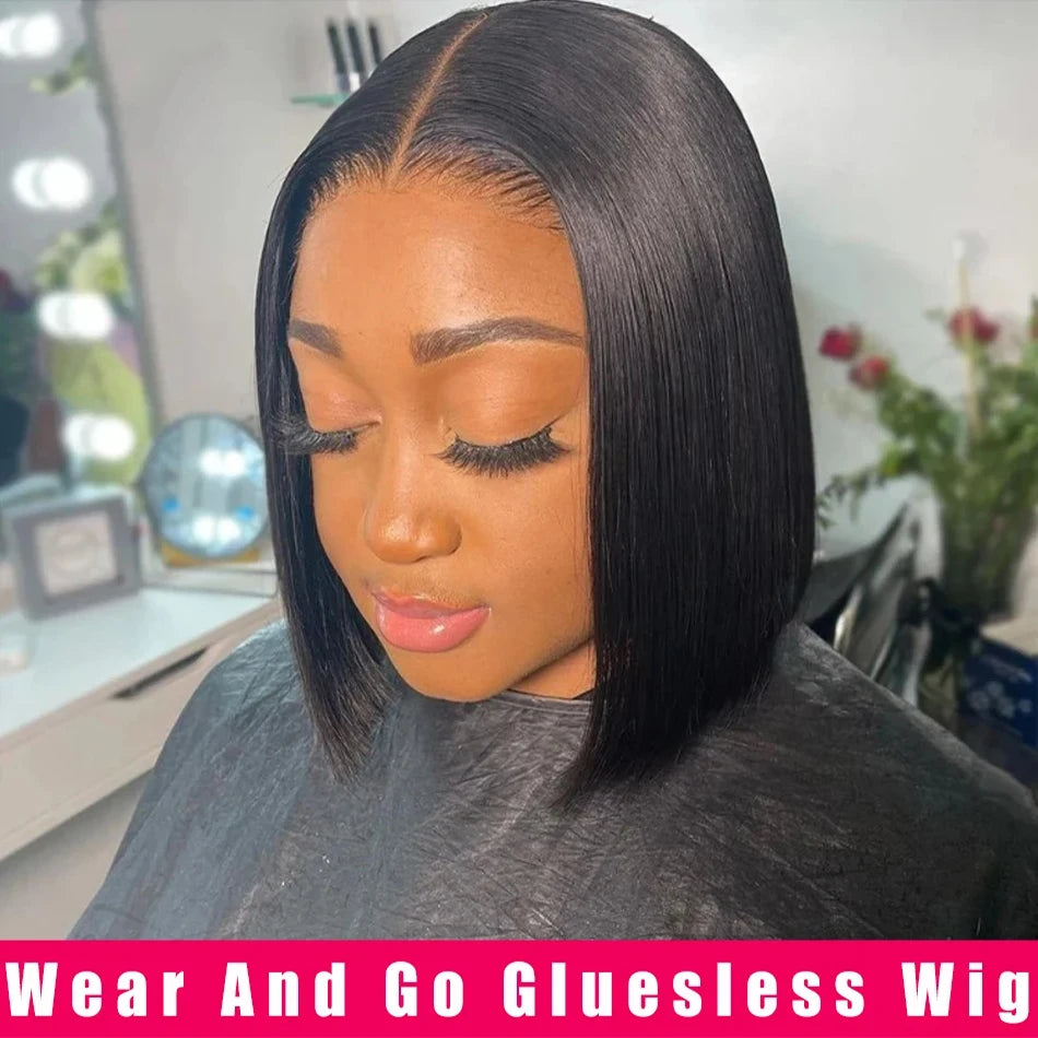 Ready To Wear Glueless Wigs Brazilian Bone Straight Short Bob Human Hair Wigs Pre Plucked 13x4 HD Transparent Lace Frontal Wig