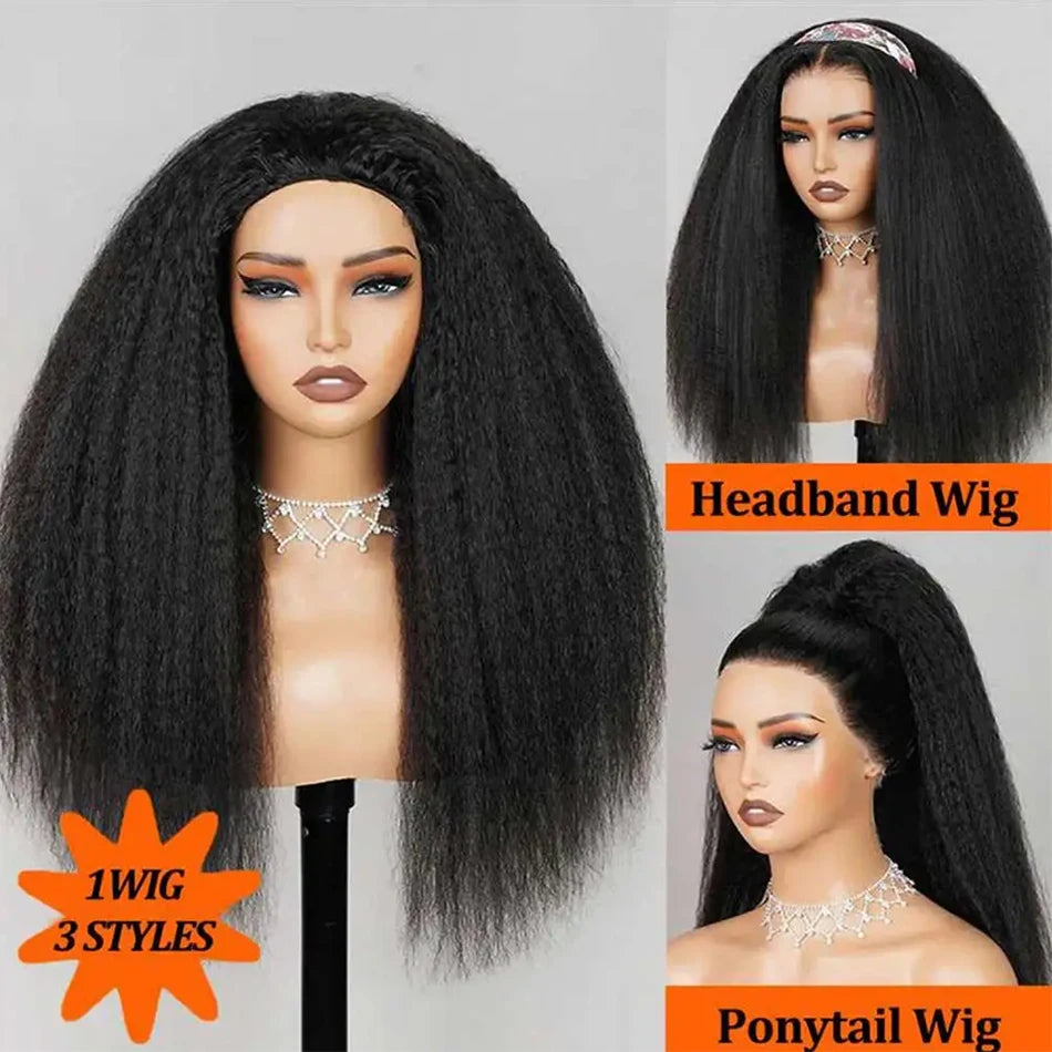 Kinky Straight Half Wig Human Hair 3 In 1 Seamless Flip Over Half Wigs Human Hair Wear Go Glueless Drawstring Headband Wig 200%