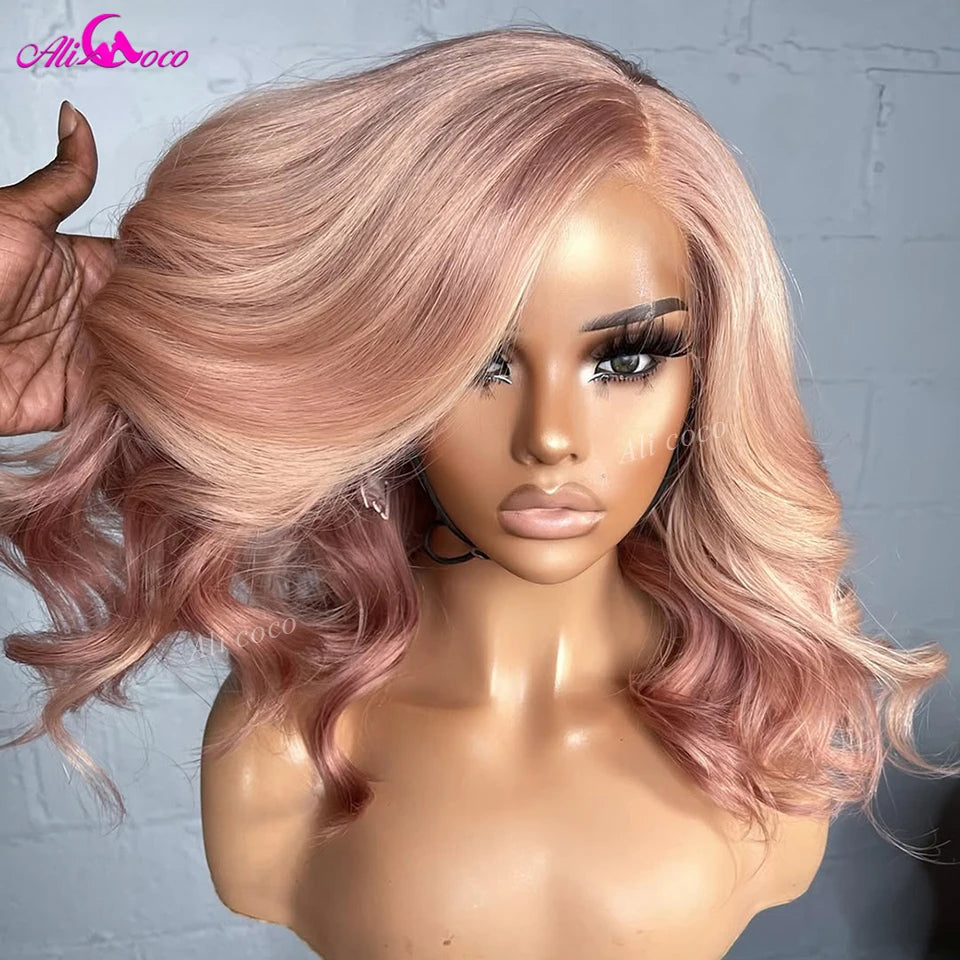Golden Pink Colored 180 Density Human Hair Wigs Short Bob Body Wave Rose Pink 13x4 Full Frontal Human Hair Lace Front Wigs