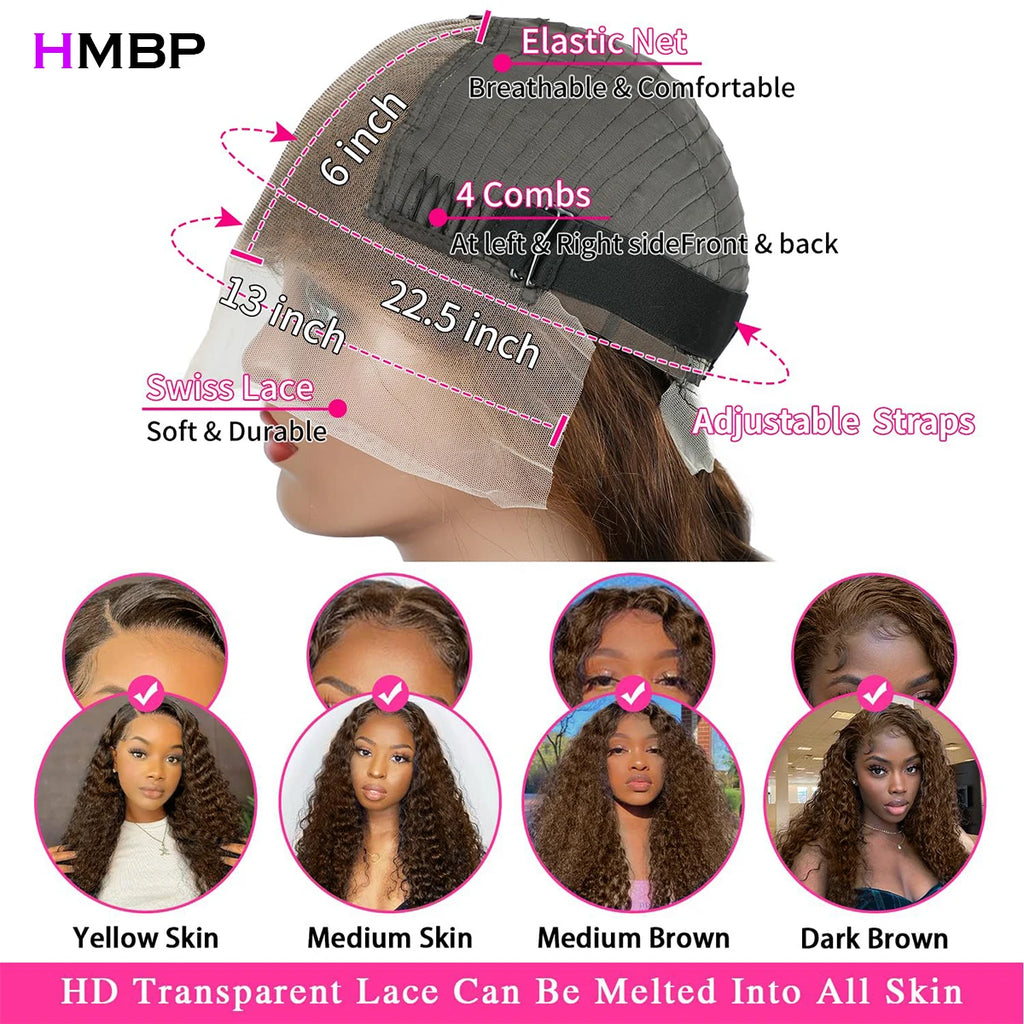 500 Density Chocolate Brown Lace Wigs Human Hair Afro Kinky Curly Glueless Wig Human Hair Ready to Wear 13x6 Hd Lace Frontal Wig