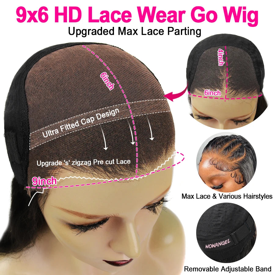 WowAngel Pre Cut Ultra Fitted 9x6 HD Lace Closure Glueless Wigs Ready To Wear Human Hair Wigs Straight Melt Skins For Women Wigs