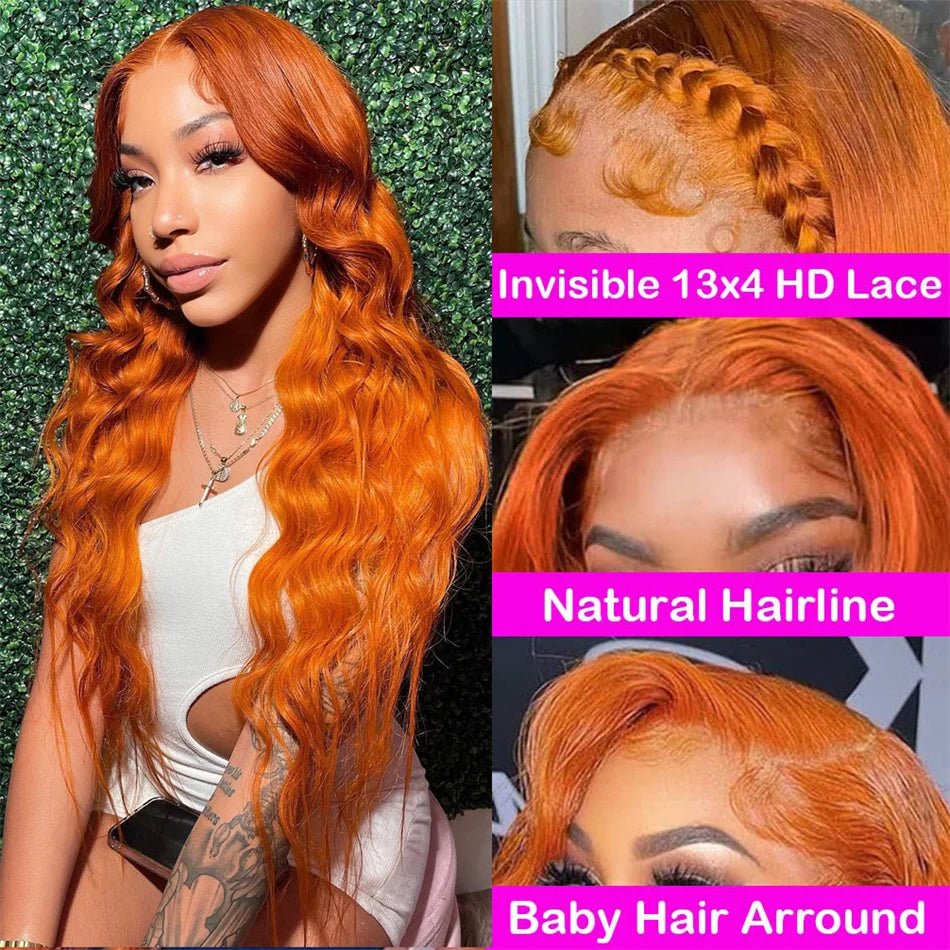 30 36 Inch Ginger Body Wave Human Hair Colored Wigs 13X6 Hd Lace Frontal Wig 13X4 Preplucked Lace Front Wigs For Women