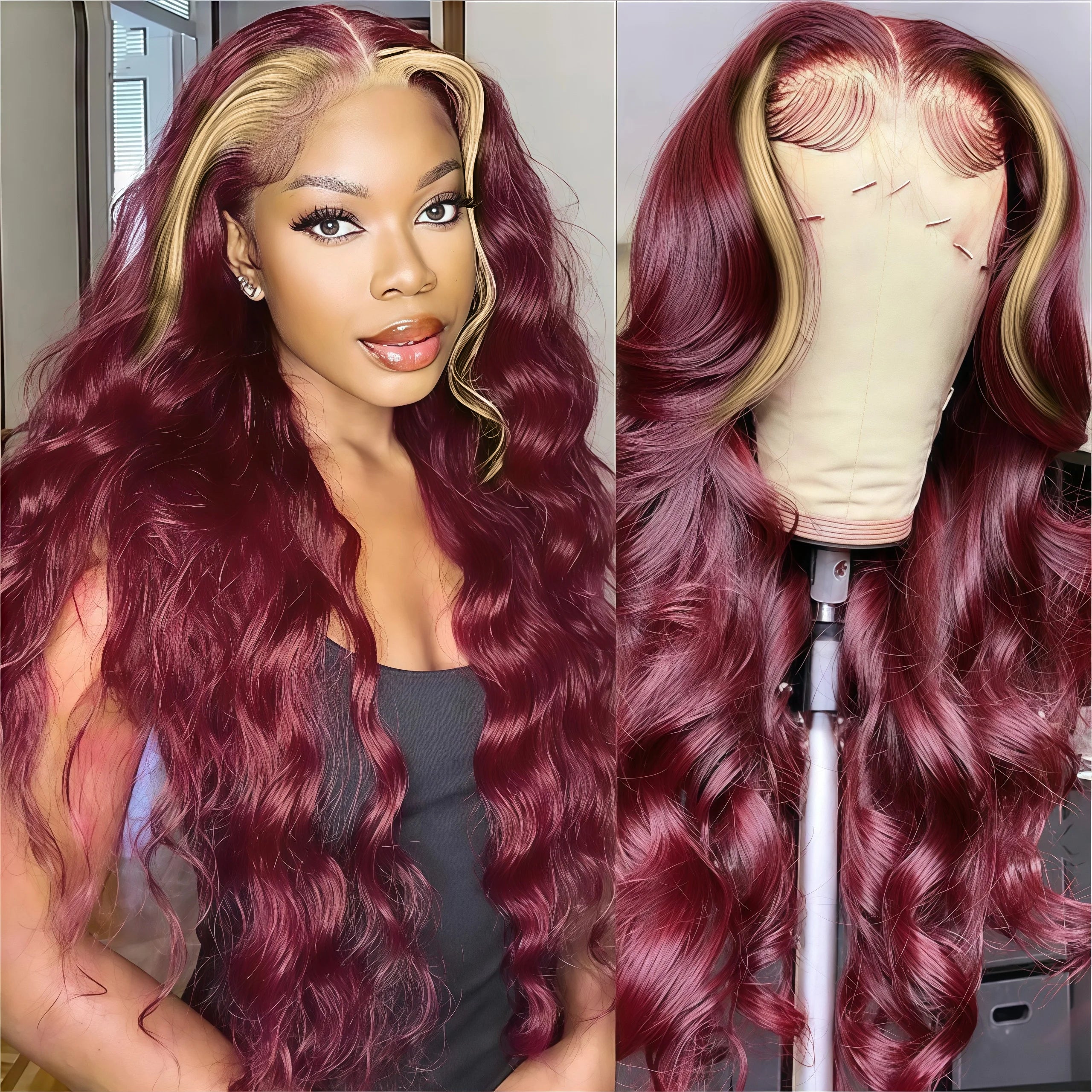 99J/613 Balayage Highlight Body Wave 13x4 Lace Front Brazilian Human Hair Wigs 30 Inch Ombre Burgundy Blonde Red Colored Wigs